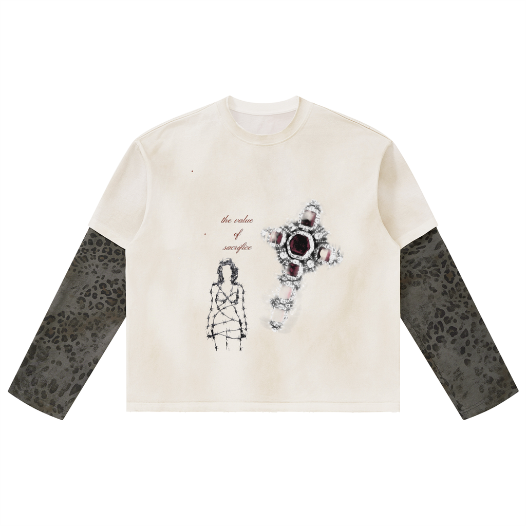 Unisex Vintage Wash Leopard Paneled Layer T-Shirt