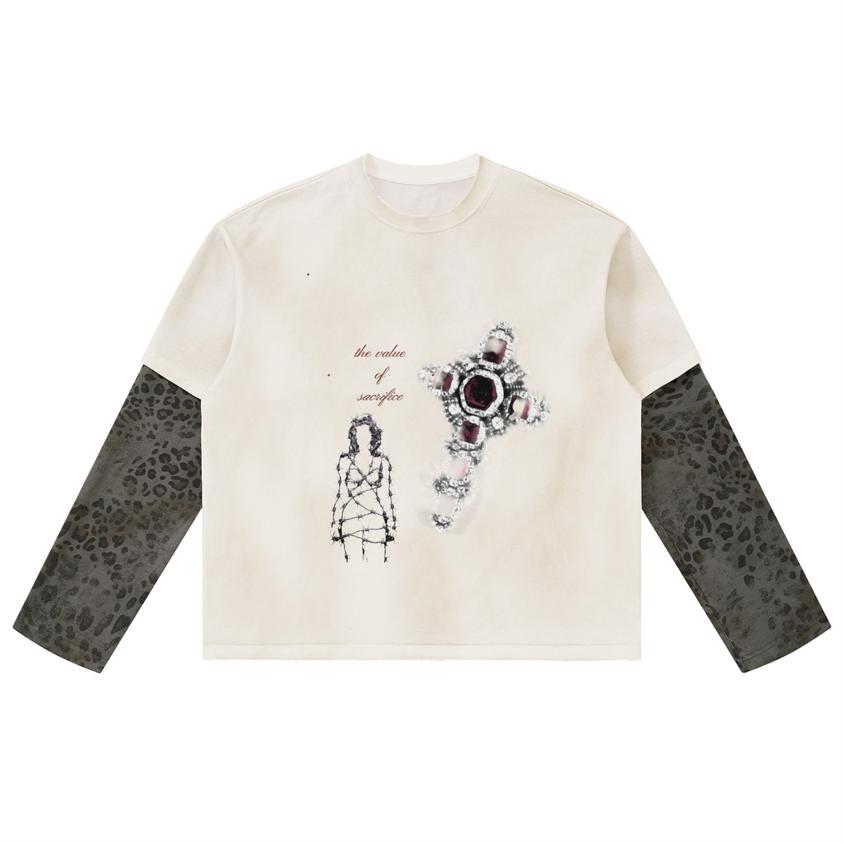 Unisex Vintage Wash Leopard Paneled Layer T-Shirt